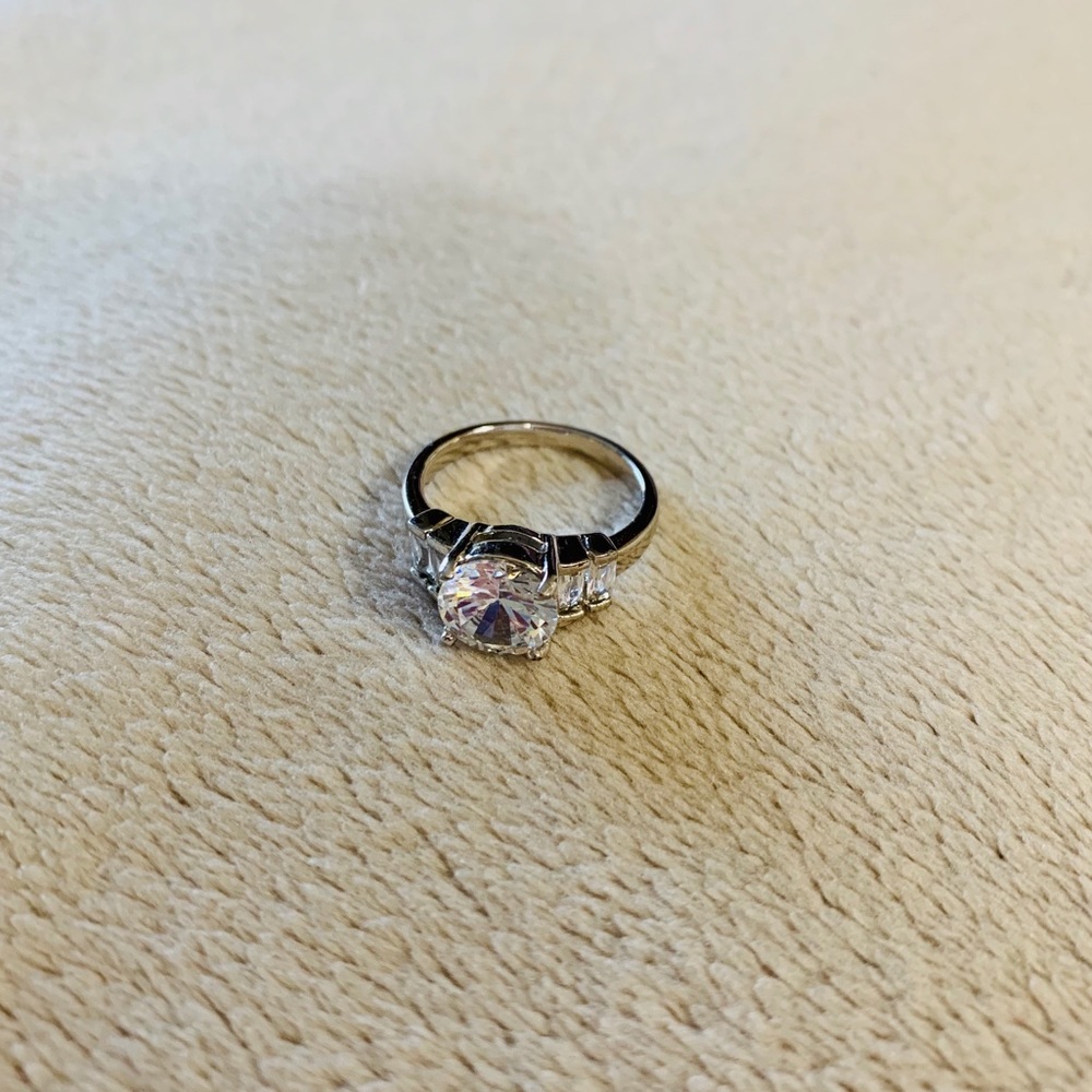 Round Brilliant and Emerald Cut Plated Ring Size 6